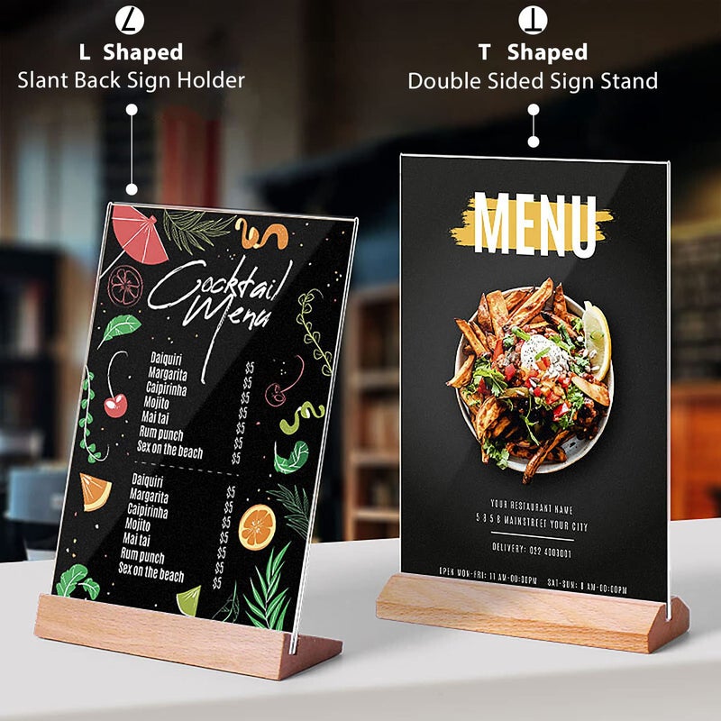 TONICE 3 Pack 5x7 Acrylic Sign Holder Slant Back Design L Shape Clear Acrylic Frames Wood Base, Table Menu Display Stand Flyer Display for Desk Display (Optional 8.5x11/5x7 Inch L/T Shape) - Image 2
